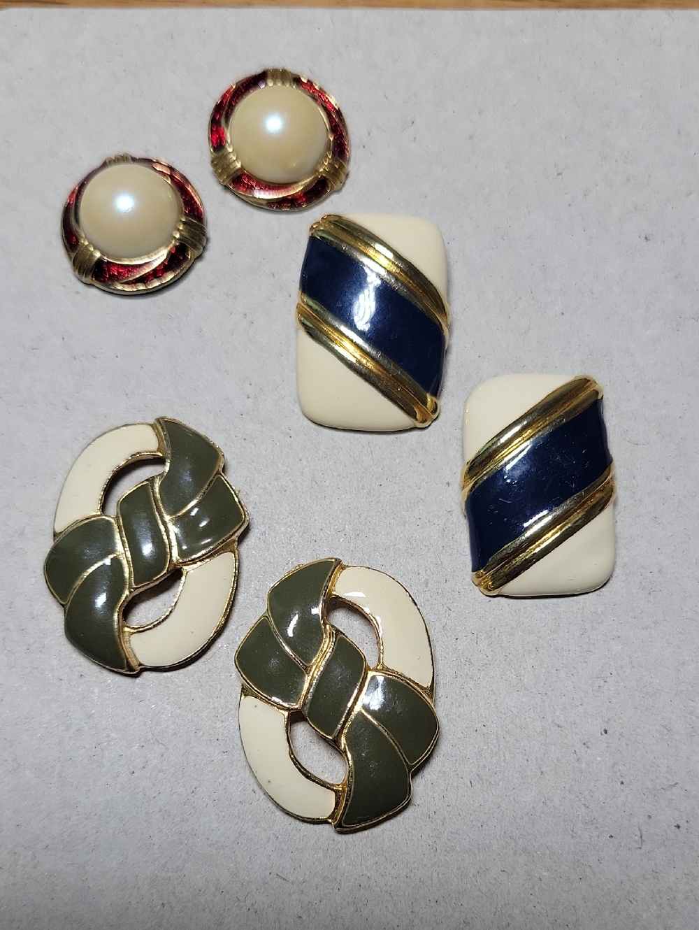 3X Lot of Vintage 1980's Enamel Earrings Green, Navy, Red Faux Pearls Goldtone